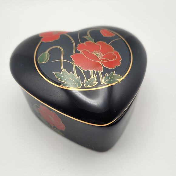 Heart Shaped Trinket Box Black Red Floral Dark Romantic Decor Fine China Japan - Picture 2 of 8